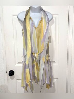 Light Yellow & Lavender Printed Mini Dress with Front Bow by Essentials by ABS